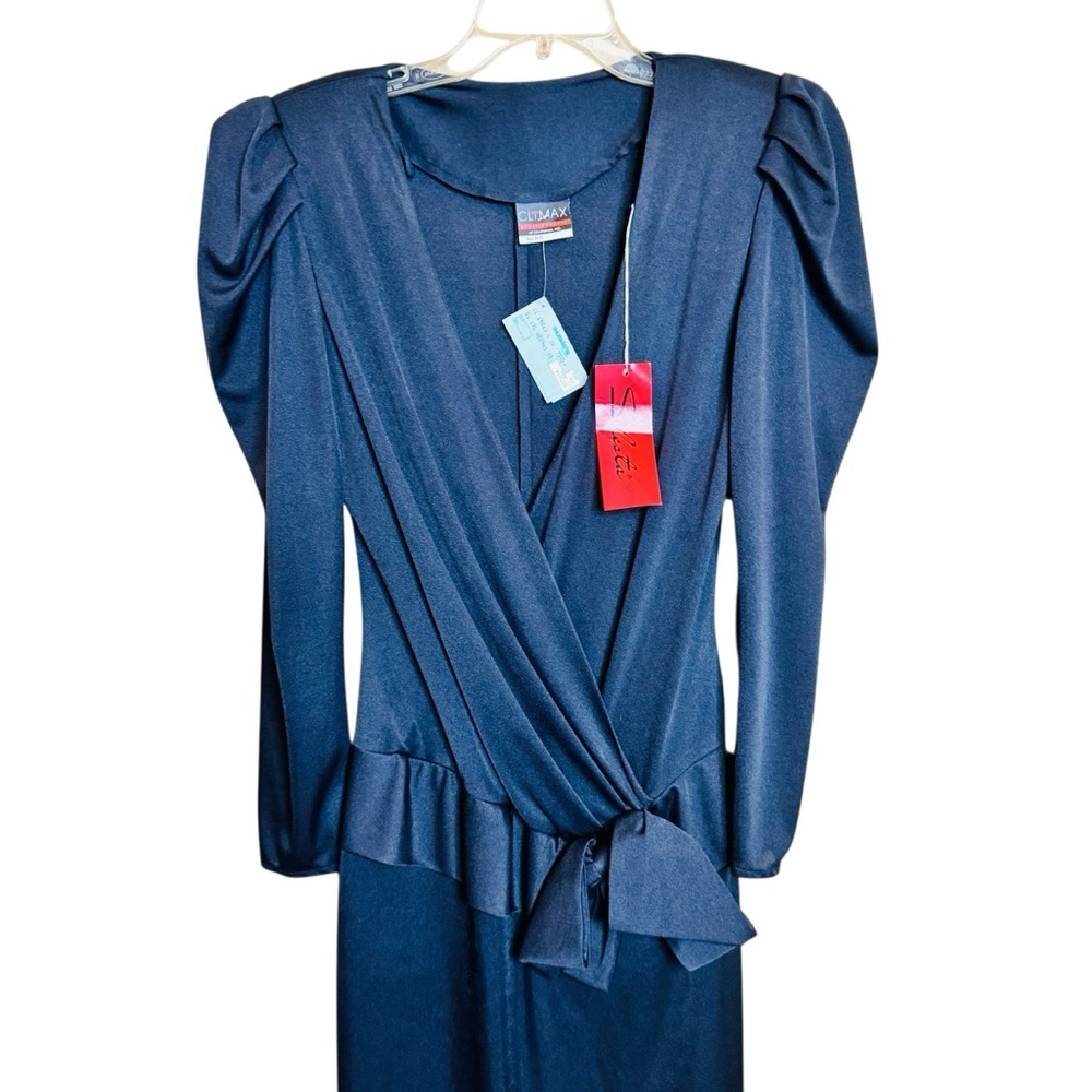 NWT Vintage 80s Black Deep Plunge V CLIMAX Puff Sleeve Dress OLD STOCK 11/12